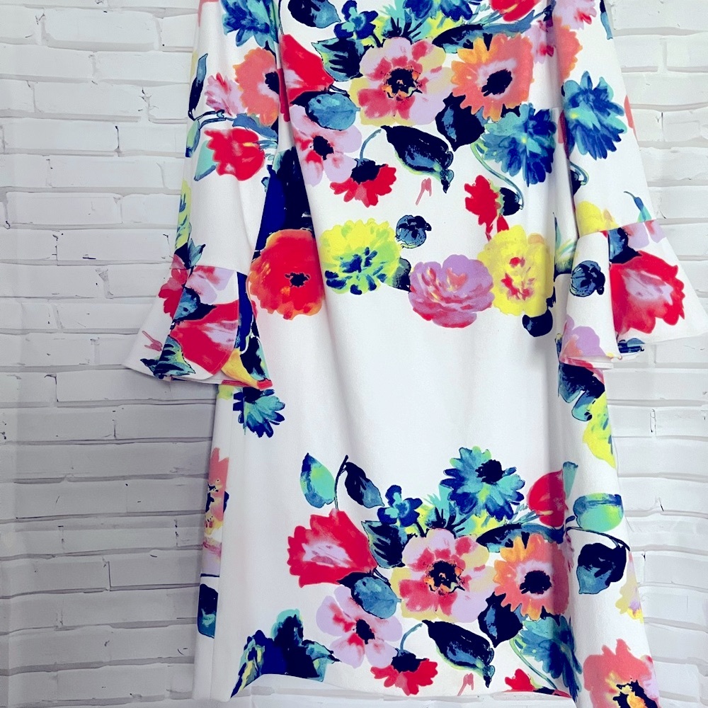EUC Tahari by ASL Trumpet Sleeve Floral Shift Dress Size 10